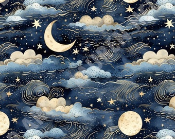 Starlit Moon Magic - Seamless, Repeating Pattern - 2 files, tiled & not tiled - 300 DPI, High Resolution, RGB