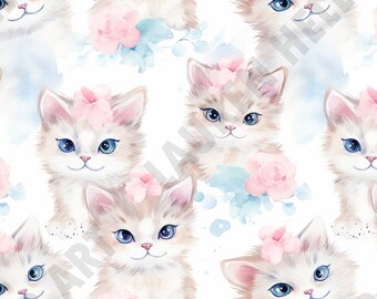 Watercolor Baby Girl Kittens - Seamless, Repeating Pattern - 2 files, tiled & not tiled - 300 DPI, High Resolution, Print Ready