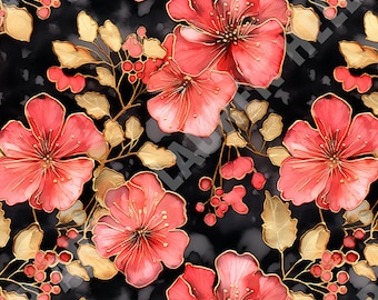 Soft Red Geraniums With Gold Accents - Seamless, Repeating Pattern - 2 files, tiled & not tiled - 300 DPI, High Resolution, RGB