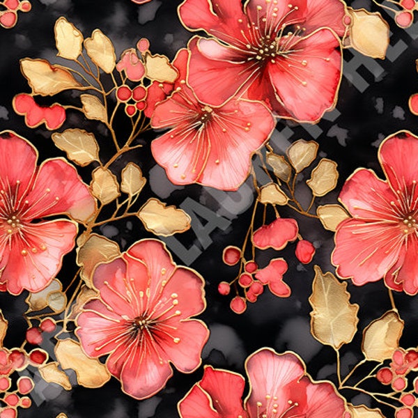 Soft Red Geraniums With Gold Accents - Seamless, Repeating Pattern - 2 files, tiled & not tiled - 300 DPI, High Resolution, RGB