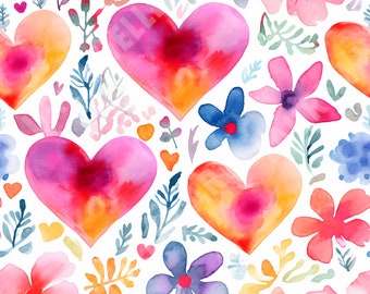 Bright Vibrant Flowers and Hearts Seamless Repeating Pattern - Digital Download - Flower Art - Mother's Day Design - Floral Spring Design