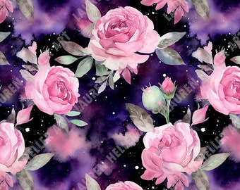 Watercolor Pink Rose Galaxy Seamless Pattern - 2 files, tiled and not tiled - 300 DPI, High Resolution, Print Ready