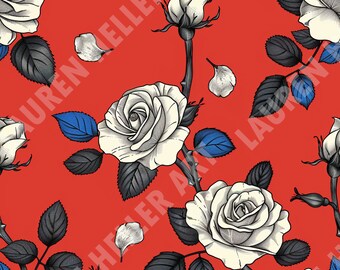 4th of July - Red, White and Blue Roses - Seamless Repeating Pattern Repeat Pattern - Patriotic Design - Independence Day - July 4 Design