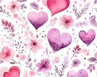 Purple and Pink Flowers and Hearts Seamless Repeating Pattern - Digital Download - Flower Art - Mother's Day Design - Floral Spring Design