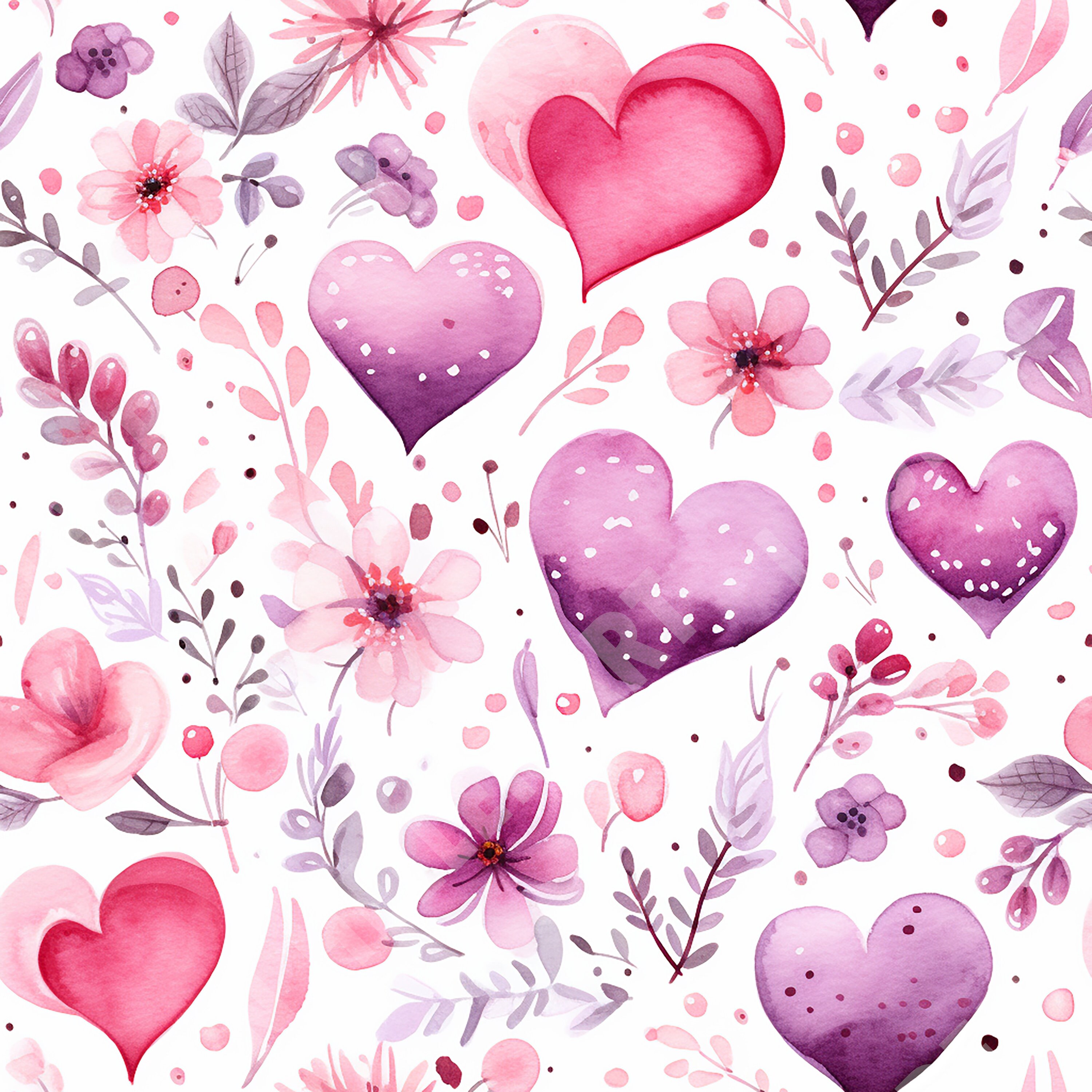 Watercolor Floral Hearts Seamless Pattern – Pink & Purple (digital ...