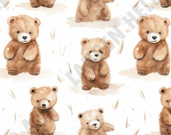 Watercolor Cute Brown Bear Grizzly Cubs - Seamless, Repeating Pattern - 2 files, tiled & not tiled - 300 DPI, High Resolution, Print Ready