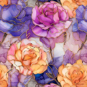 Alcohol Ink Rose Fabric Seamless Pattern Repeatable Digital Paper Purple Yellow Pink Roses Stained Glass Flower Pattern Elegant Floral
