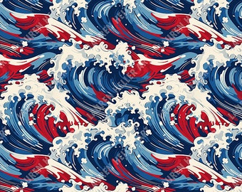 Illustrated Red, White and Blue Ocean Waves - Seamless Repeating Pattern - 2 files, tiled & not tiled - 300 DPI, High Resolution Print Ready