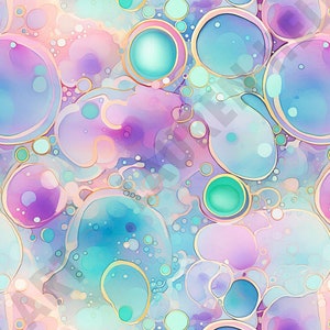May include: Abstract seamless pattern with overlapping circles in shades of pink, purple, blue, and teal. The circles have a watercolor effect and are outlined in gold.