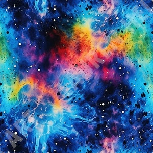 May include: Abstract galaxy-like pattern with swirling colors of blue, red, yellow, and green. The background is black with white dots.