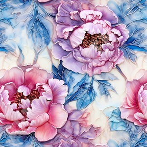 Floral Seamless Pattern Alcohol Ink Peonies Fabric Tileable Flower Design Pink Purple Blue Elegant Peonies Fabric Crafting Digital Paper