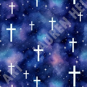 Christian Night Sky Full of Crosses and Stars - Seamless, Repeating Pattern - 2 files, tiled & not tiled - 300 DPI, High Res., Print Ready