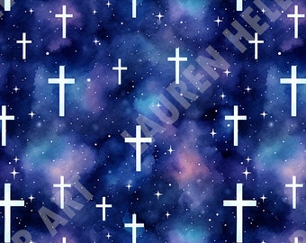 Christian Night Sky Full of Crosses and Stars - Seamless, Repeating Pattern - 2 files, tiled & not tiled - 300 DPI, High Res., Print Ready