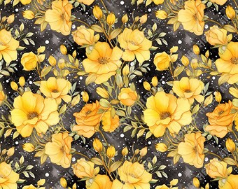 Watercolor Yellow Floral Galaxy - Seamless, Repeating Pattern - 2 files, tiled and not tiled - 300 DPI, High Resolution, Print Ready