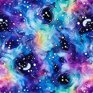 May include: Watercolor galaxy design in shades of blue, purple, and pink. White dots and swirling lines create a cosmic effect. The artwork features a blend of colors and textures, evoking a sense of space and wonder.