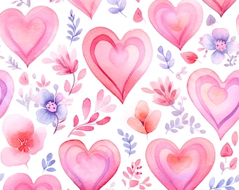 Watercolor Flowers and Hearts Seamless Repeating Pattern - Digital Download - Flower Art - Mother's Day Design - Floral Spring Design