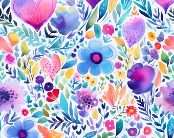 Bright Vibrant Wildflowers & Hearts Seamless Repeating Pattern - Digital Download - Flower Art - Mother's Day Design - Floral Spring Design