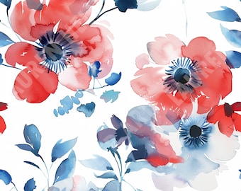 4th of July - Red White and Blue Watercolor Florals - Seamless Repeating Pattern Repeat Pattern - Patriotic Design - Independence Day July 4