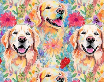 Graffiti Illustrative Style Golden Retrievers Seamless Pattern - 2 files, tiled and not tiled - 300 DPI, High Resolution, Print Ready