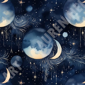 Enchanted Lunar Glow: Ornate Moons - Seamless, Repeating Pattern - 2 files, tiled & not tiled - 300 DPI, High Resolution, RGB