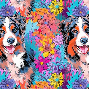 Graffiti Illustrative Black Tri Australian Shepherd Seamless Pattern – 2 Dateien, gekachelt und nicht gekachelt – 300 DPI, hohe Auflösung, druckbereit