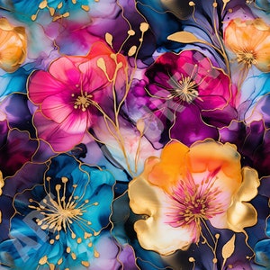 May include: Abstract floral pattern featuring pink, purple, blue, and orange flowers with gold accents. The flowers are painted in a watercolour style and have a flowing, organic look.