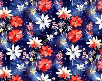 Red, White and Blue Watercolor Wildflowers - Seamless Repeating Pattern - 2 files, tiled & not tiled - 300 DPI, High Resolution, Print Ready