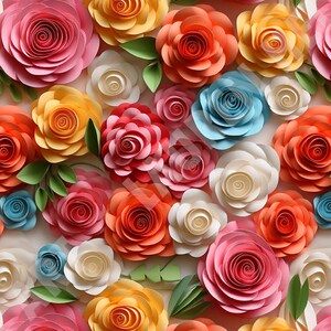 May include: A collection of colorful paper flowers in various shades of pink, red, blue, yellow, and white. The flowers are arranged in a circular pattern and have a layered, three-dimensional appearance.