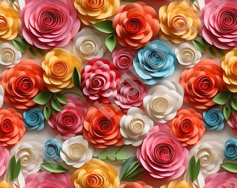 Colorful Paper Quilling Roses - Seamless, Repeating Pattern - 2 files, tiled & not tiled - 300 DPI, High Resolution, Print Ready