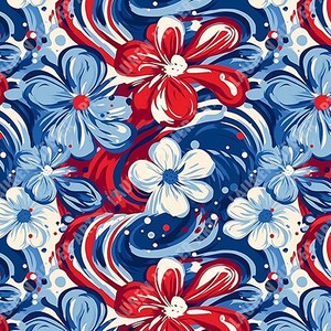May include: A seamless pattern featuring red, white, and blue stylized flowers on a swirling background. The flowers are in a variety of sizes and shapes, and the background is a mix of blue and red swirls.