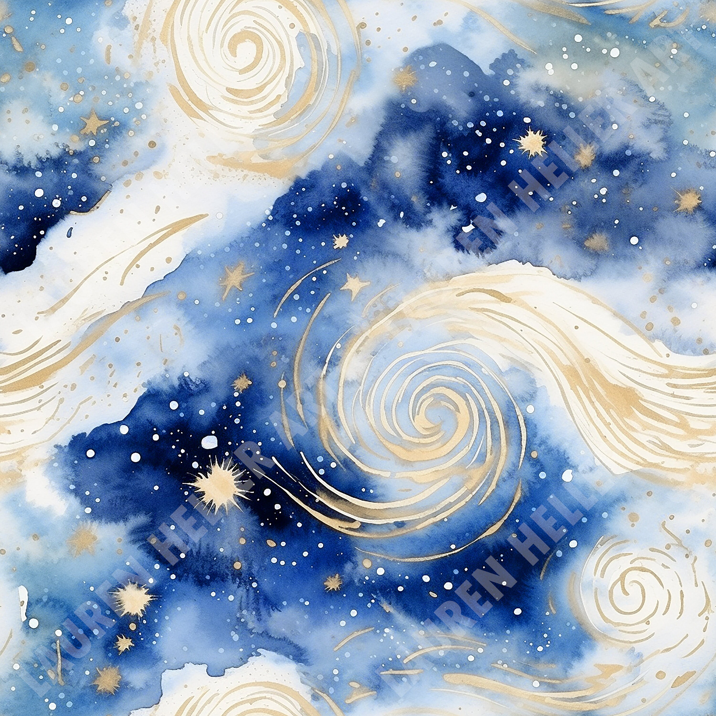 Starry Night Seamless Pattern – Gold Swirls, Celestial Sky (digital ...