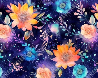 Vibrant Wildflower Watercolor Galaxy - Seamless, Repeating Pattern - 2 files, tiled and not tiled - 300 DPI, High Resolution, Print Ready