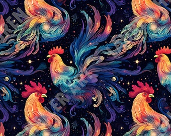 Autumn Cosmic Farm Roosters - Seamless, Repeating Pattern - 2 files, tiled & not tiled - 300 DPI, High Resolution, Print Ready