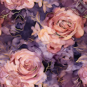 May include: A seamless pattern featuring watercolour roses with gold outlines on a purple background. The roses are pink and red with a soft, romantic feel.