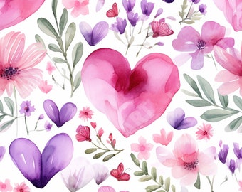 Watercolor Lovely Flowers and Hearts Seamless Repeating Pattern - Digital Download - Flower Art - Mother's Day Design - Floral Spring Design