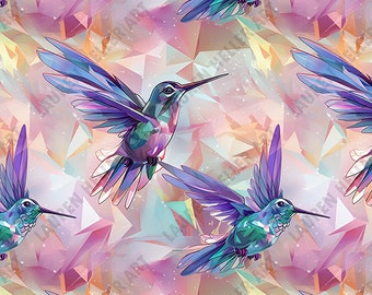 Geometrical Prismatic Holographic Hummingbirds Seamless Pattern - 2 files, tiled and not tiled - 300 DPI, High Resolution, Print Ready
