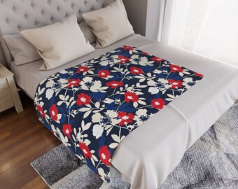 4th of July red white and blue floral pattern microfiber blanket - Independence Day blanket - Available in three sizes!