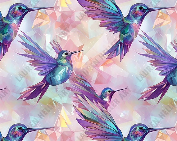 Geometrical Low Poly Rainbow-like Hummingbird Seamless Pattern 2