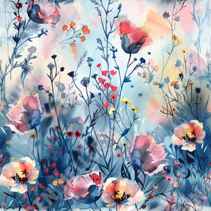 Acuarela flores silvestres de color azul oscuro y rosa - Patrón sin costuras y repetitivo - Descarga digital - Arte floral - Diseño del Día de la Madre