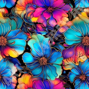 Può includere: Un motivo floreale vibrante con grandi fiori colorati in tonalità di blu, rosa, giallo e arancio. I fiori hanno un contorno dorato e sono disposti in un motivo ripetitivo.