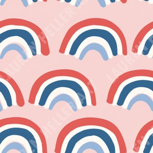 May include: A seamless pattern featuring red, blue, and white rainbows on a pink background. The rainbows are arranged in a repeating pattern, creating a cheerful and playful design.
