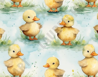 Watercolor Baby Ducks - Seamless, Repeating Pattern - 2 files, tiled & not tiled - 300 DPI, High Resolution, Print Ready