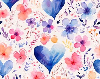 Boy Mom Flowers and Blue Hearts Seamless Repeating Pattern - Digital Download - Flower Art - Mother's Day Design - Floral Spring Design