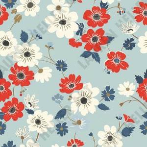 May include: A seamless pattern featuring red, white, and blue flowers on a light blue background. The flowers are stylized and have a vintage feel.
