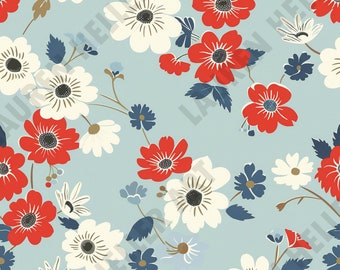 4th of July - Red White and Blue Small Flowers - Seamless Repeating Pattern Repeat Pattern - Patriotic Design - Independence Day July 4