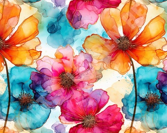 Vibrant Colored Alcohol Ink Flowers - Seamless, Repeating Pattern - 2 files, tiled & not tiled - 300 DPI, High Resolution, Print Ready