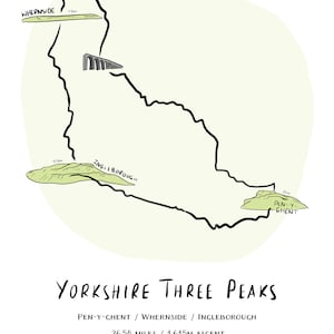 May include: A hand-drawn map of the Yorkshire Three Peaks trail in England, showing the route and elevation of each peak: Whernside, Ingleborough, and Pen-y-ghent. The map includes the total distance of 26.58 miles and the total ascent of 1,615 meters. The date and time of the hike are also included: 20.04.2024 and 6:52:16.