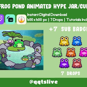 Op de afbeelding: Geanimeerde Twitch hype-pot/beker met een kikkerpoel-scène met een groene kikker die op een waterlelie zit. De pot/beker wordt geleverd met 7 geanimeerde sub-badges met kikkers in verschillende kleuren: geel, blauw, groen, oranje, roze, paars en bruin. De tekst "+7 SUB BADGES" en "7 DROPS" is ook in de afbeelding opgenomen. De afbeelding is 600 x 600 pixels.
