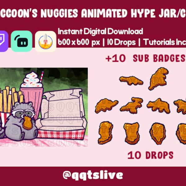 NUGGETS DE MAPACHE ANIMADOS Twitch Hype Jar - Taza de punta de transmisión + insignias secundarias / tarro - 2 capas - Opciones de 10 bits - Tutorial de configuración incluido