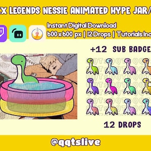 May include: Animated digital download for Apex Legends featuring a green Nessie character in a pool float. Includes 12 animated sub badges and 12 animated drops. The image also includes the text "Instant Digital Download 600x600 px | 12 Drops | Tutorials Included +12 SUB BADGES 12 DROPS @qqtslive".